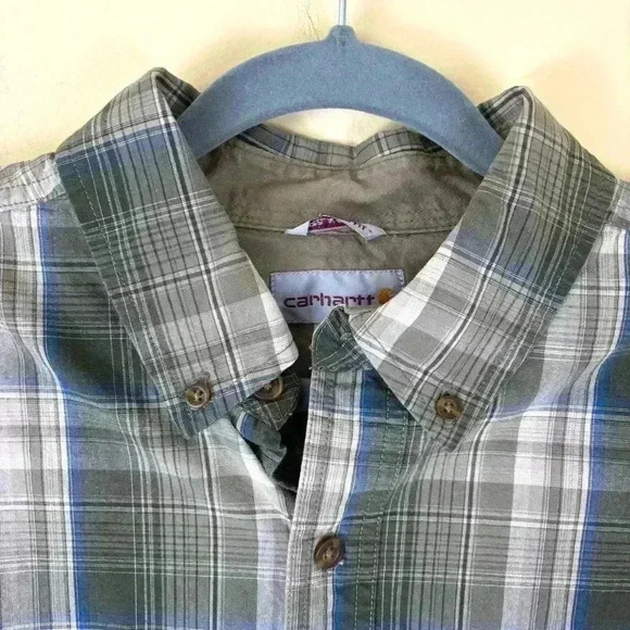 CARHARTT Green Plaid Durable 100% Cotton Long Sleeve Button Down Shirt Size L - Picture 5 of 14